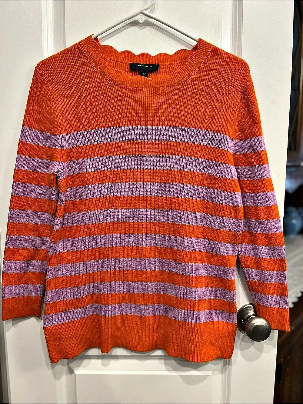 Ann Taylor Striped Crewneck Sweater in Orange & Purple